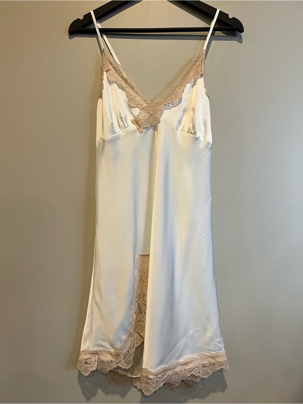 Women’s White Lace Trim Satin Chemise Nightgown Slip Dress Vintage Lingerie S/M